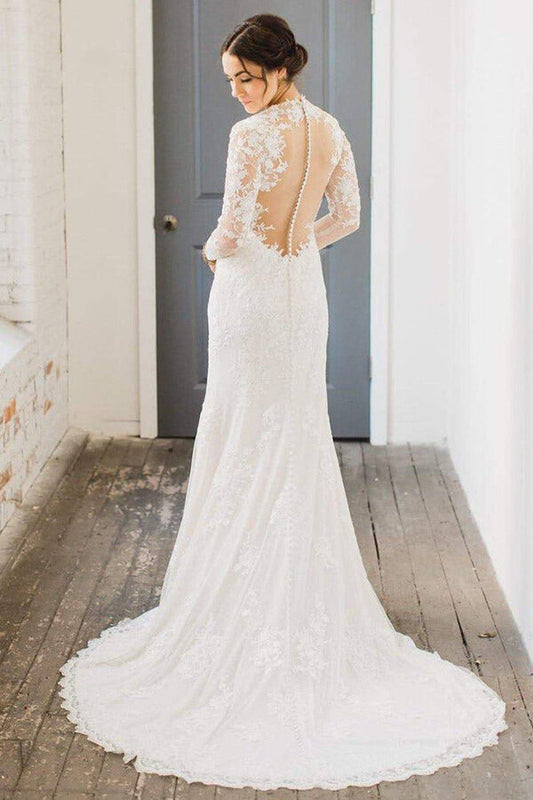 Ivory Lace Sheath V-neck Long Sleeves Wedding Dress, WD2310187