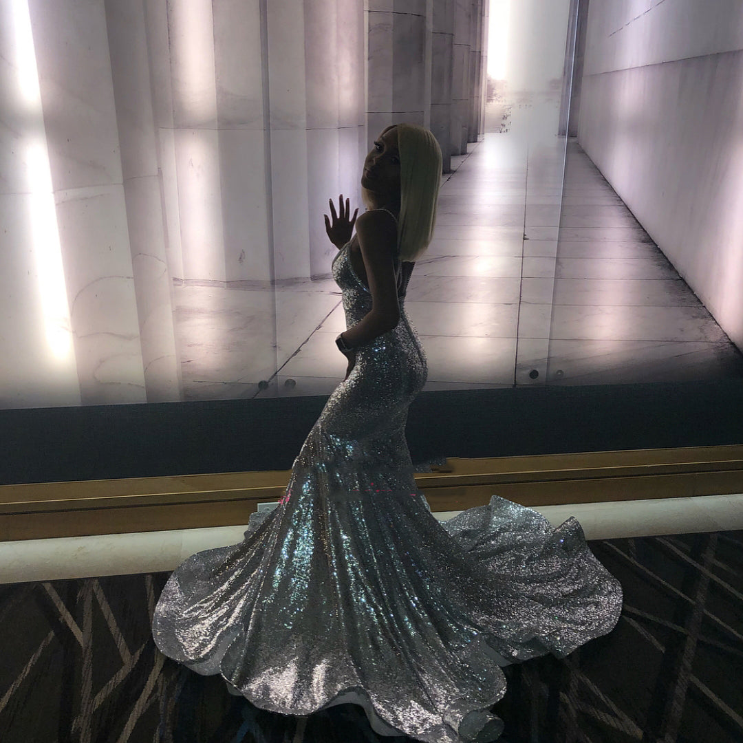 Alluring Silver V-Neck Sequin Mermaid Prom Dress, PD2305130