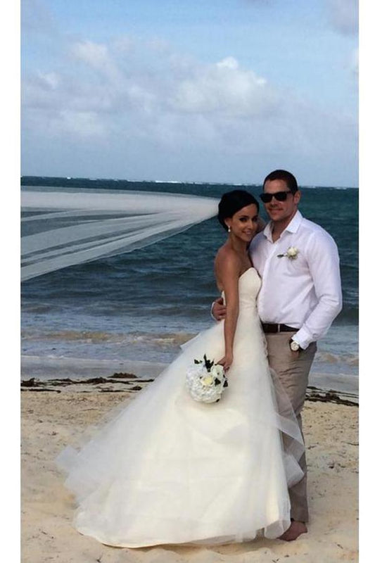 White Wedding Dress with Sweetheart Strapless Neckline, Ruffled Details, and an Open Back, WD2306268