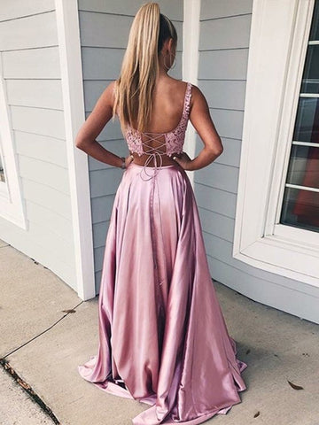 Two-Piece Illusion Lace Satin Dusty Rose A-line Prom Dress, PD2404044