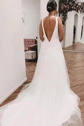 Ivory Deep V-neck Wedding Dresses With Train, Bridal Gowns in Lace, WD2401254