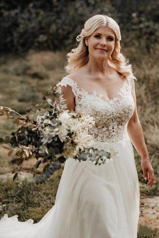 Ivory Tulle A-line Wedding Dress with Illusion Neck and Lace Appliques, WD2311035