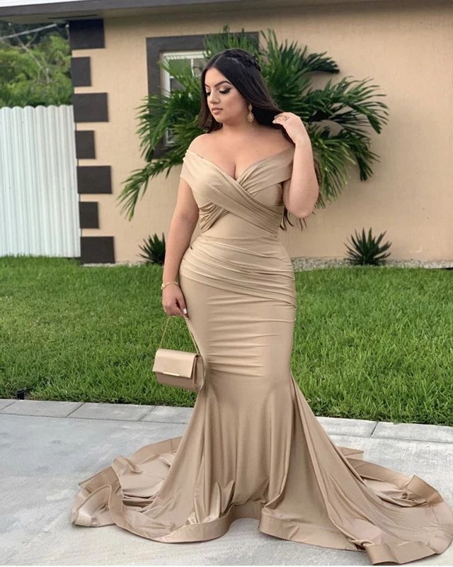 Plus Size Champagne Satin Off-The-Shoulder Mermaid Prom Dress | JLDressCA Plus Size Champagne Satin Off-The-Shoulder Mermaid Prom Dress | JLDressCA