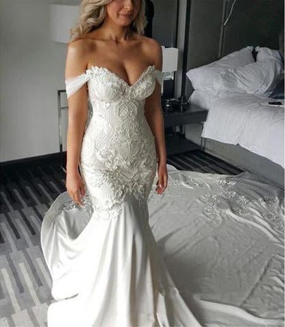Sweetheart Off Shoulder Mermaid Wedding Dress with Sweep Train, WD2306275