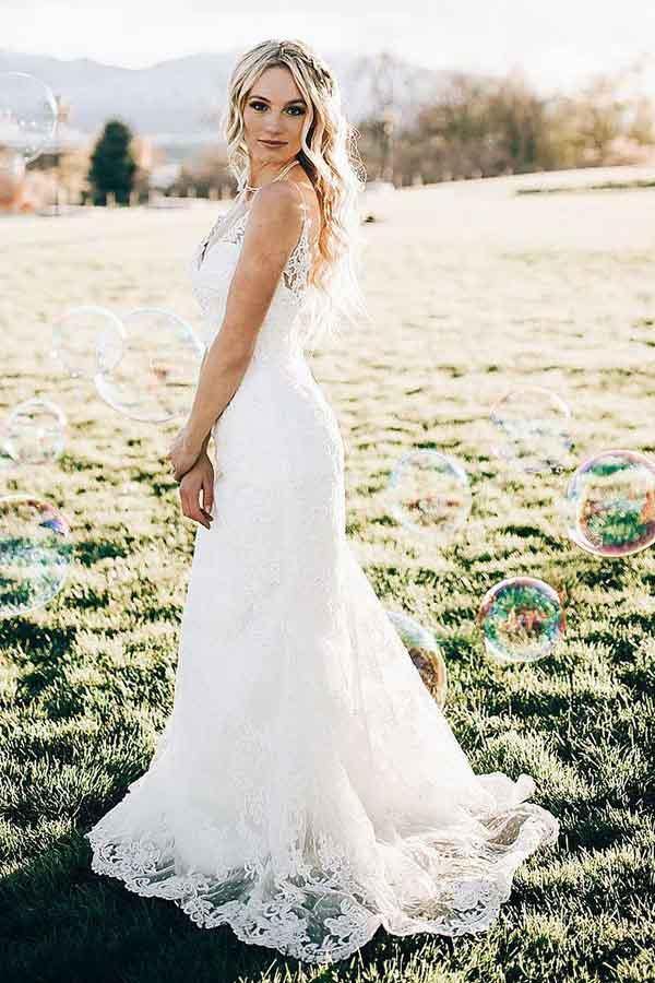 Ivory Lace Mermaid V-neck Sweep Train Wedding Dress, WD2310186