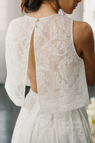 Ivory Lace Two-Piece Halter Open Back Wedding Dress with Pockets, WD2310189