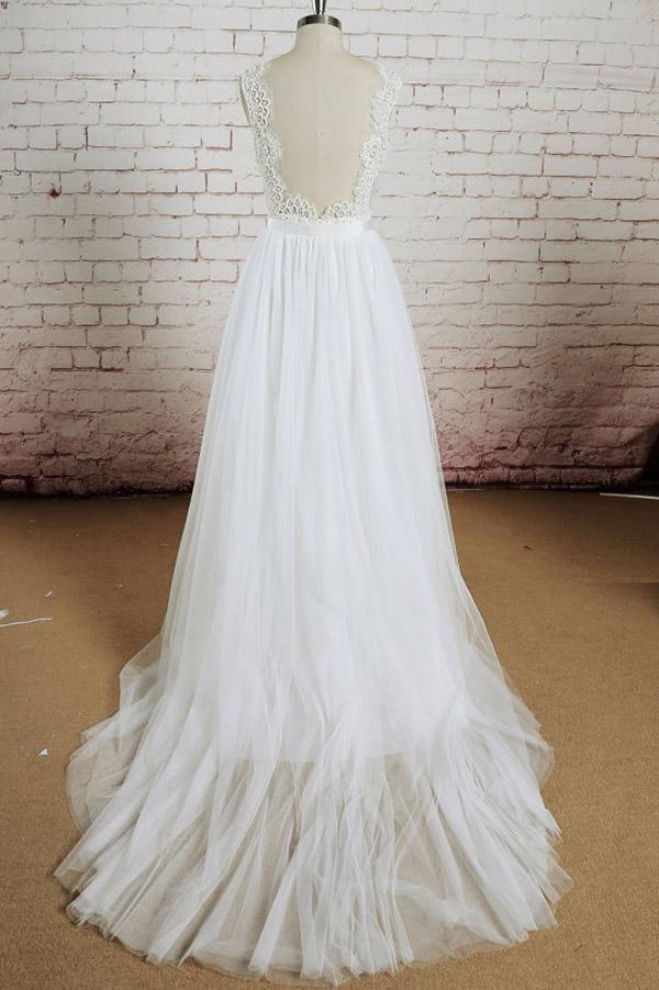 White Tulle Lace Halter V-Neck Wedding Dress with Sweep Train | JLDressCA White Tulle Lace Halter V-Neck Wedding Dress with Sweep Train | JLDressCA