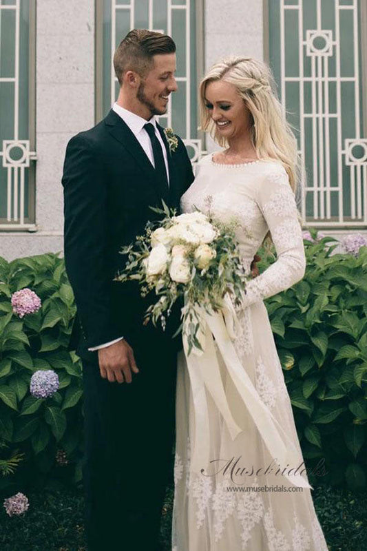 Ivory Tulle A-line Wedding Dress with Long Sleeves and Bateau Neck, WD2311036