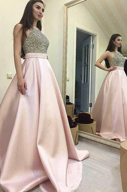 Pink Backless Halter A-Line Satin Beaded Prom Dress, PD2308252