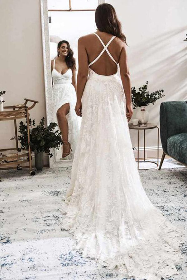 Stylish Ivory Lace A-line V-neck Cross Back Wedding Dress, WD23082310