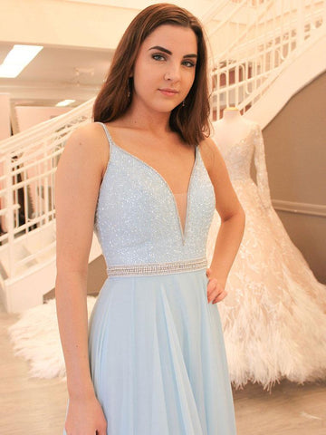 Elegant A-Line V Neck Light Sky Blue Chiffon Beaded Prom Dresses, PD2308305