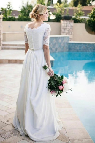 Ivory A-line Beaded Half Sleeves Bridal Wedding Dress, WD2308232