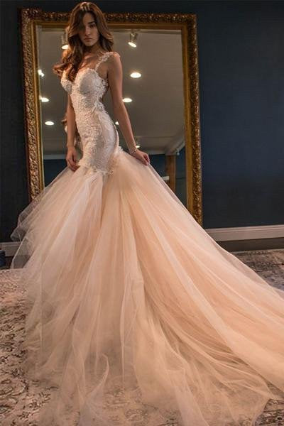 Champagne Mermaid Prom Dress with Tulle Fabric, Appliques, and Straps, PD2306133