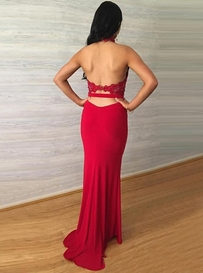 Shop Striking Red Lace Backless High-Neck Sheath Prom Dress | JLDressCA Shop Striking Red Lace Backless High-Neck Sheath Prom Dress | JLDressCA