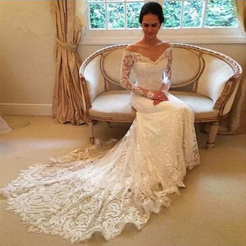 White Wedding Dress with Long Sleeves, Off-Shoulder Style, and a Sweep Train, WD2306267