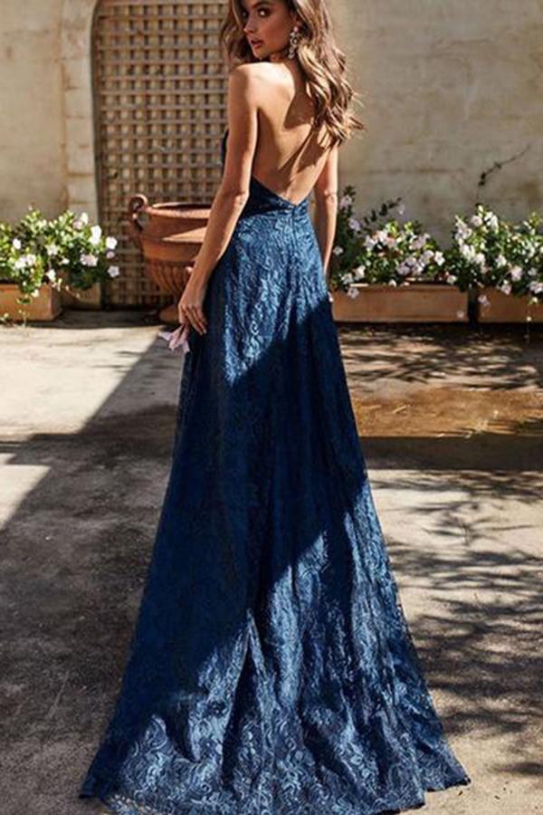 Royal Blue Lace A-Line V Neck Side Slit Prom Dress, PD2306265