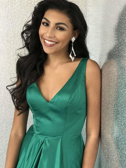 Elegant A-Line V Neck Elastic Satin Teal Long Prom Dresses, PD2308303