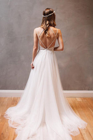 Online Wedding Dresses - A-Line Tulle with Open Back and Simple Spaghetti Straps, WD2305203