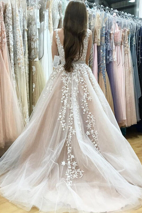 Ivory Beaded Prom Dresses with Lace A-line V-neck Wedding Dresses, WD2401252