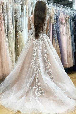 Ivory Beaded Prom Dresses with Lace A-line V-neck Wedding Dresses, WD2401252