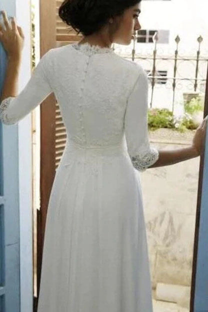Modest Wedding Dress with 3-4 Sleeves, Floor Length Chiffon, and Lace Top, WD2404124