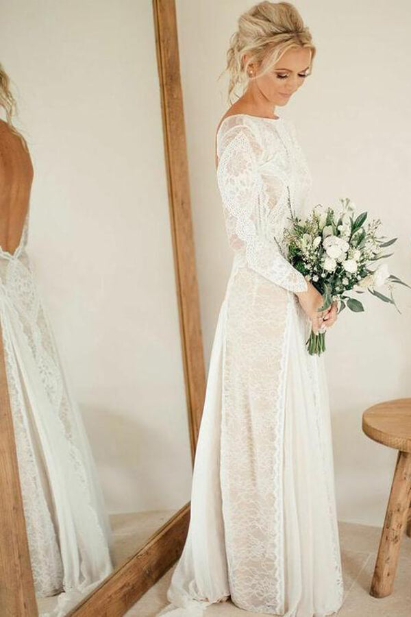 Ivory Lace Backless Boho Wedding Gown with Long Sleeves, WD2308237