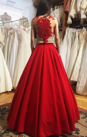 Red Appliques A-Line Satin Prom Dresses with Sleeveless Round Neck, PD2310136