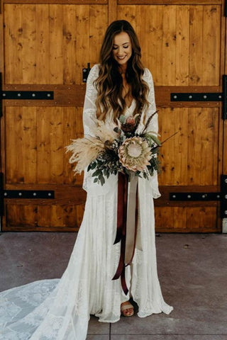 Ivory Lace A-line V-neck Long Sleeves Boho Wedding Dress, WD2308236