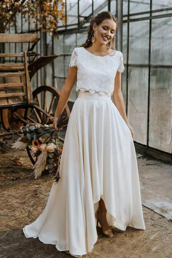 Ivory Chiffon Two-Piece Lace Top Short Sleeves Wedding Gown, WD2308233