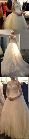 V-Back Lace Tulle A-line Wedding Dress with Long Sleeves, WD2305097