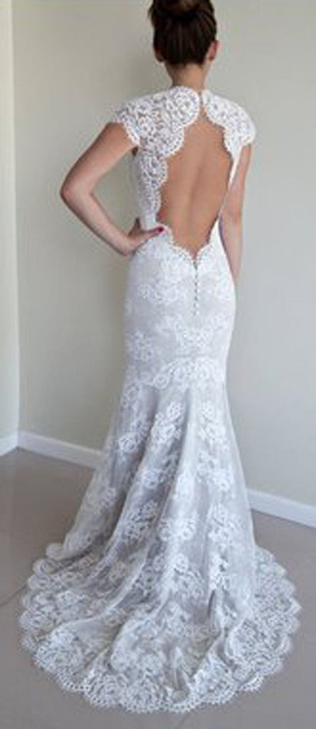 Half Sleeves Wedding Dress, White Mermaid Lace with Round Neck and Open Back, WD2305201