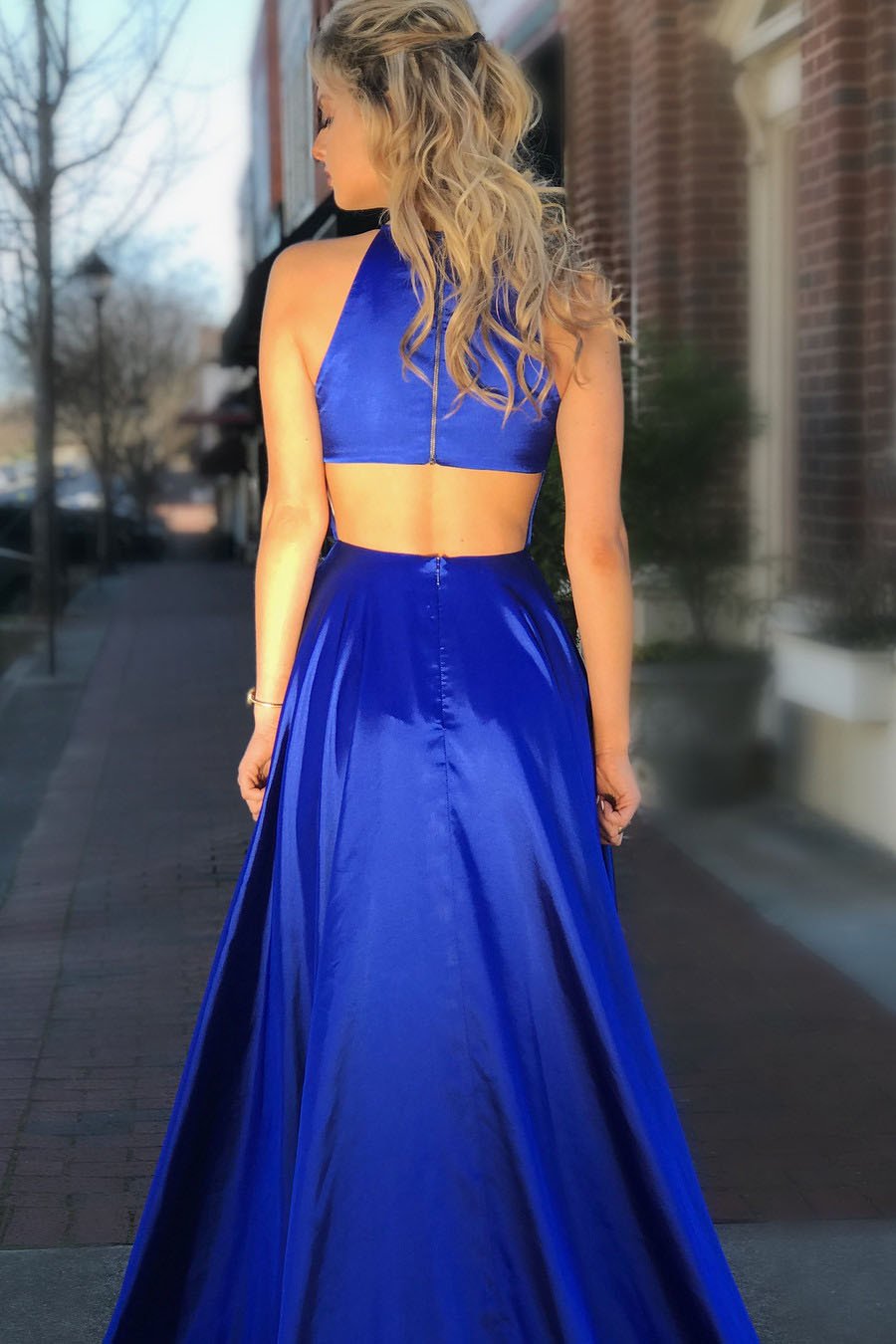 Elegant Royal Blue A-Line Elastic Satin Side Slit Prom Dress, PD2308119