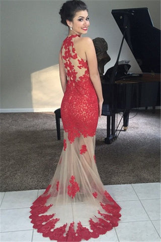 Red Sleeveless Lace Long Prom Dress, PD2310173