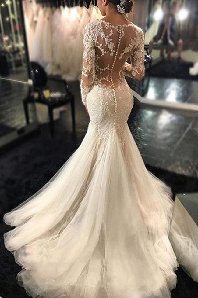 Elegant Long Sleeve See-Through Lace Wedding Dress - JLDressCA Elegant Long Sleeve See-Through Lace Wedding Dress - JLDressCA