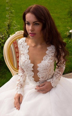 Ivory Boho Princess Wedding Dresses with A-line V-neck and Long Sleeves, WD2401253