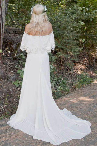 Bohemian Lace Ivory Chiffon A-line Beach Wedding Dress, WD2308224