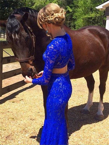 Royal Blue Sheath Long Sleeves Lace Two-Piece Prom Dress, PD2310072