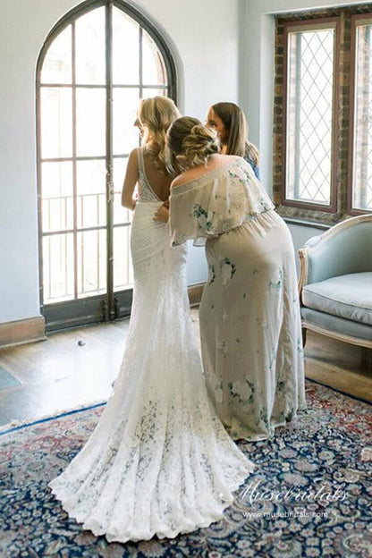 Ivory Lace Mermaid Backless V-neck Beach Wedding Dress, WD2310181