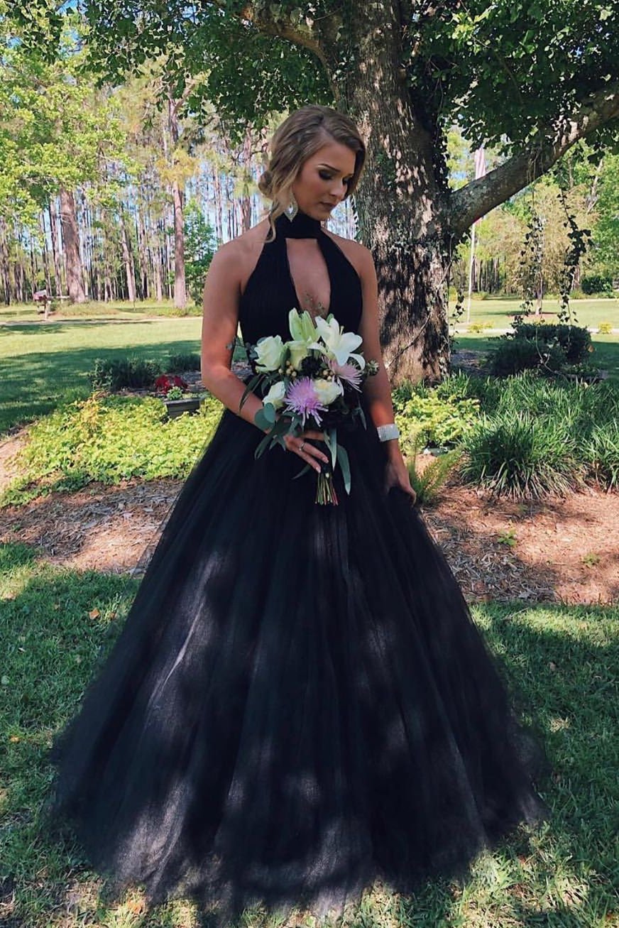 black open front dress Black Open Front A-line Tulle Halter Backless Prom Dress