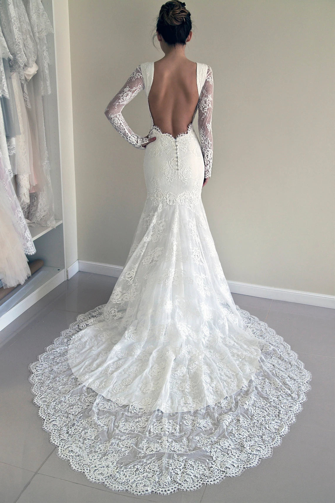 Mermaid Backless Wedding Dress with Long Sleeves and Sweep Train, WD2305044