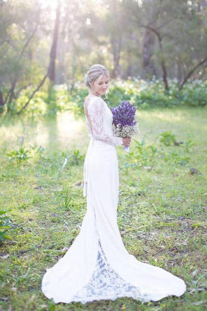 Ivory Satin Lace Sheath V-neck Long Sleeves Wedding Gown Bridal , WD23101910