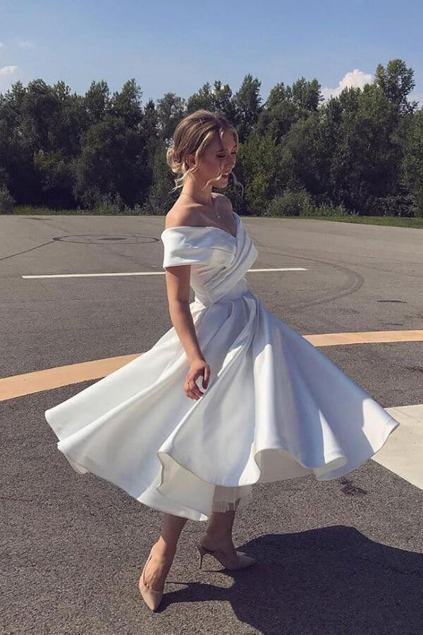 Ivory Satin Off-Shoulder A-line Wedding Dress with Ankle-Length Skirt, WD2311032