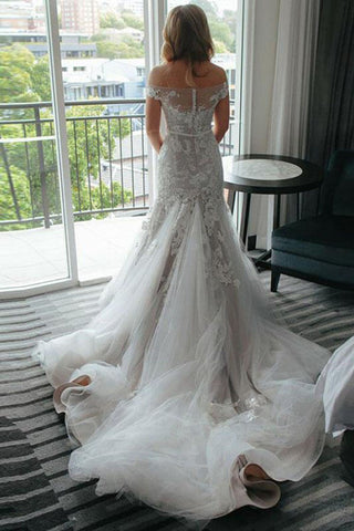 Ivory Lace Mermaid Off-the-Shoulder Illusion Neckline Wedding Dress, WD2310182