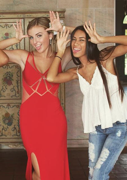 Red Illusion Side-Slit ColumnSheath Prom Dress, PD2310164