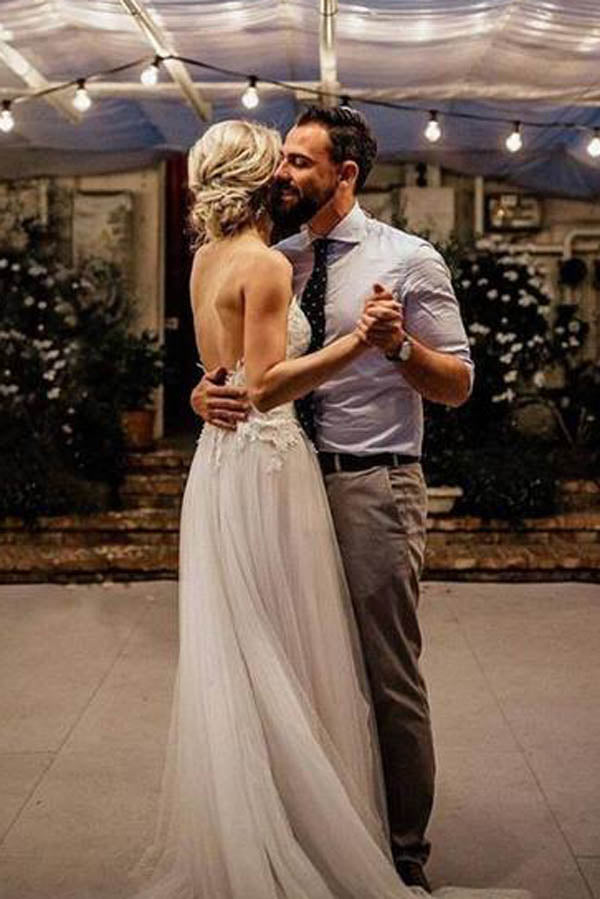 Spaghetti Strap Backless V-neck Beach Wedding Dress, WD23050312