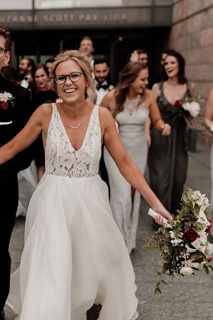 Ivory Pearls V-neck Wedding Gown with Lace A-line Design, WD2401259