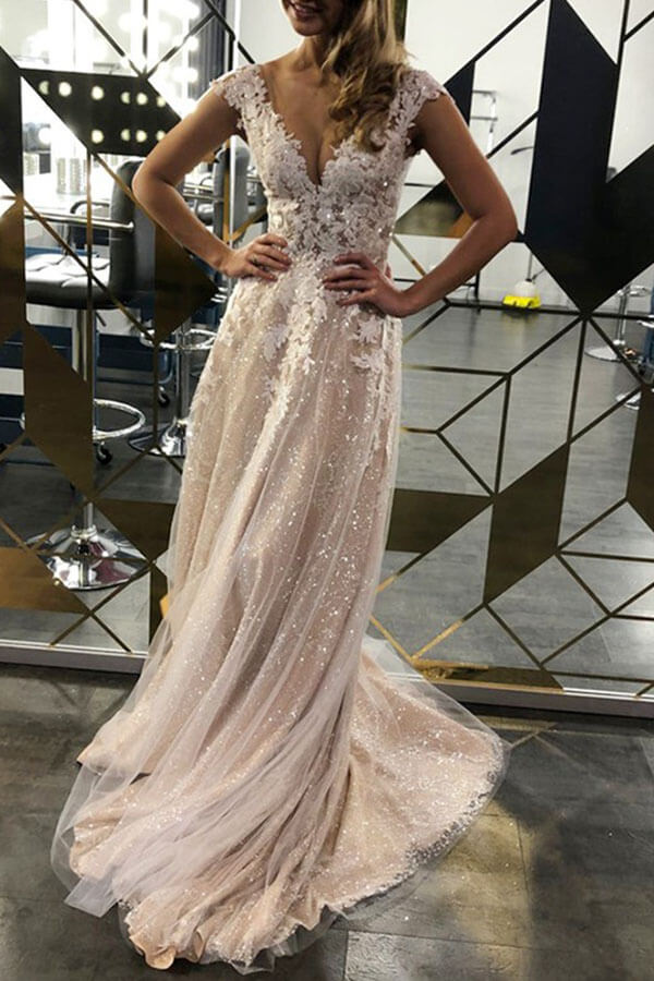 Lace A-line V-neck Sleeveless Sweep Train Bridal Gown, WD2401297