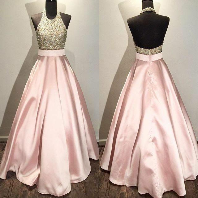 Pink Backless Halter A-Line Satin Beaded Prom Dress, PD2308252