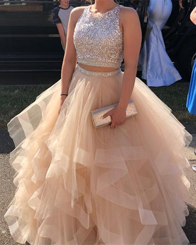 Champagne Two-Piece Prom Dress with A-Line Ruffles, Tulle Fabric, and Beaded Details, PD2306130