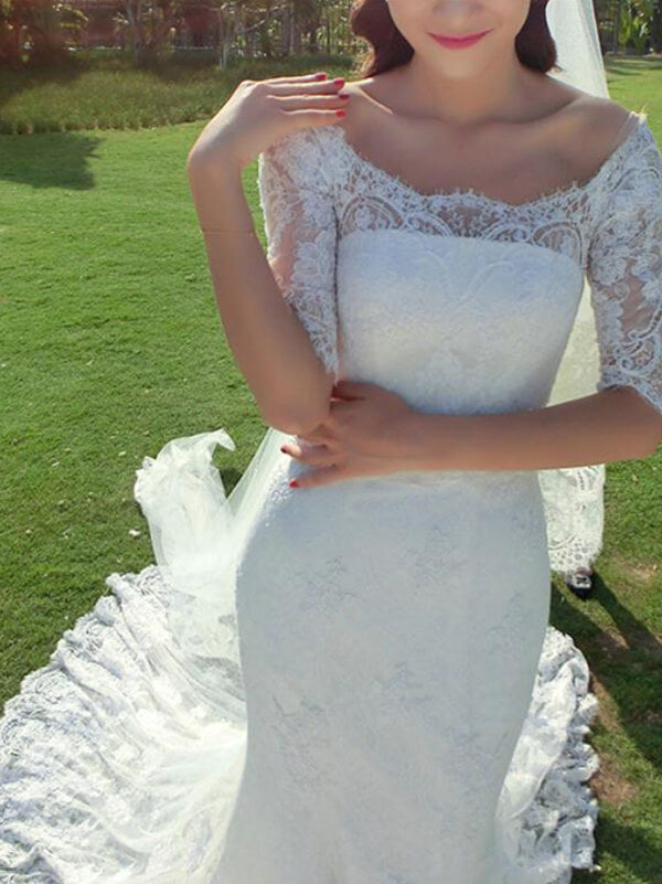 half sleeve mermaid wedding dress White Mermaid Lace Round Neck Open Back Half Sleeves Wedding Dresses, MW211